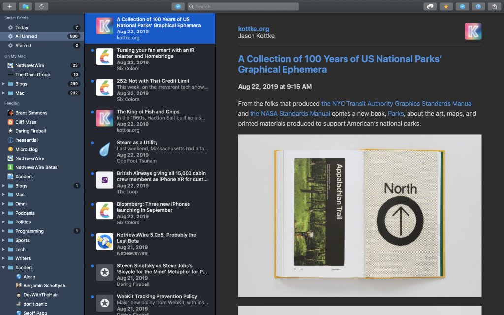 NetNewsWire 5.0 for Mac Dark Theme Screenshot